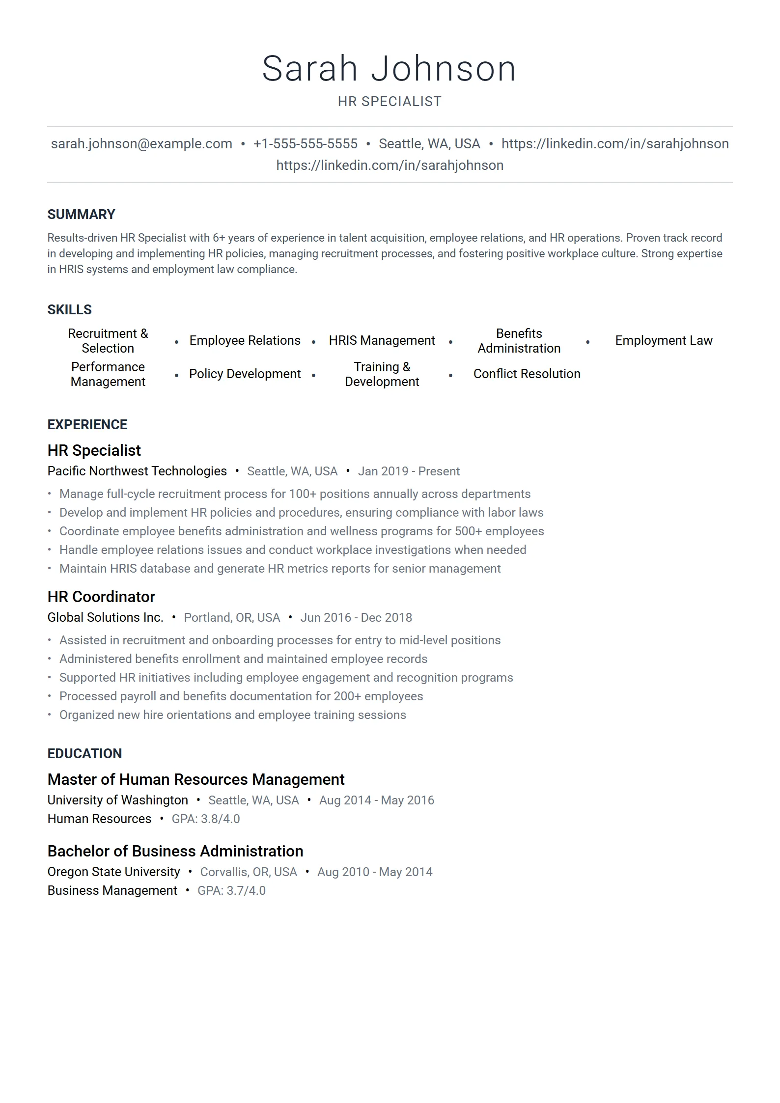 Meridian — Best for HR Specialist template preview